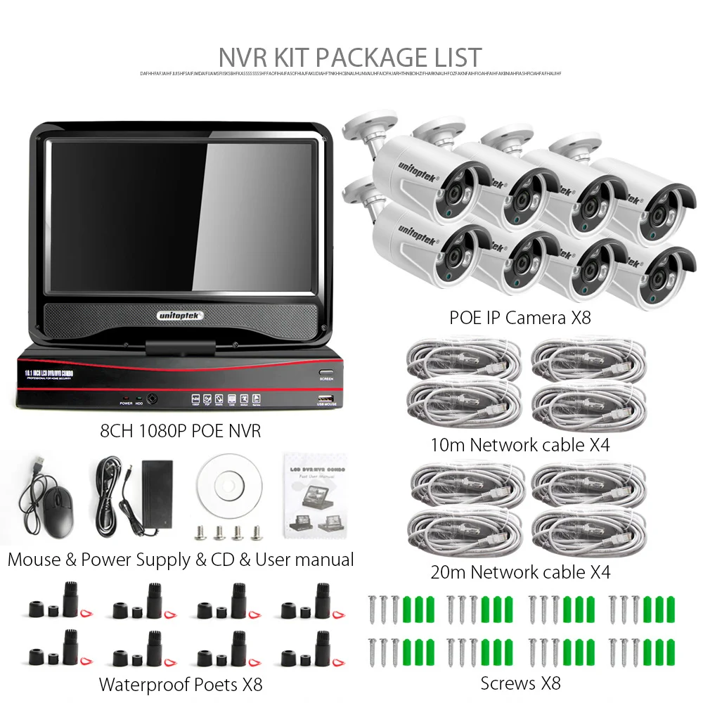 8CH 1080P CCTV System POE NVR Kit With 10.1 LCD Monitor Screen 8Pcs Outdoor PoE IP Camera Onvif Security Surveillance | Безопасность и