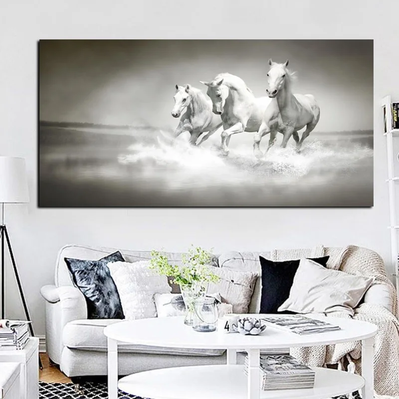 Modern White Horses Running in River Oil Painting HD Print on Canvas Poster Wall Pop Art Picture for Living Room Sofa Cuadros | Дом и сад