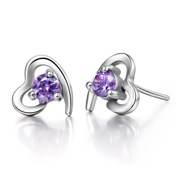 Красивые серьги форма сердца кристальная мозаика фиолетовый два цвета