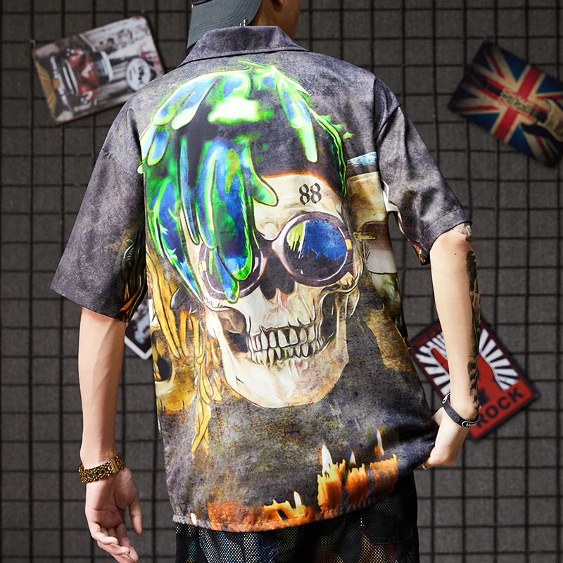 

Male fashion original design personality skeleton tie-dyed hip-hop high street short-sleeved shirt male Korean version