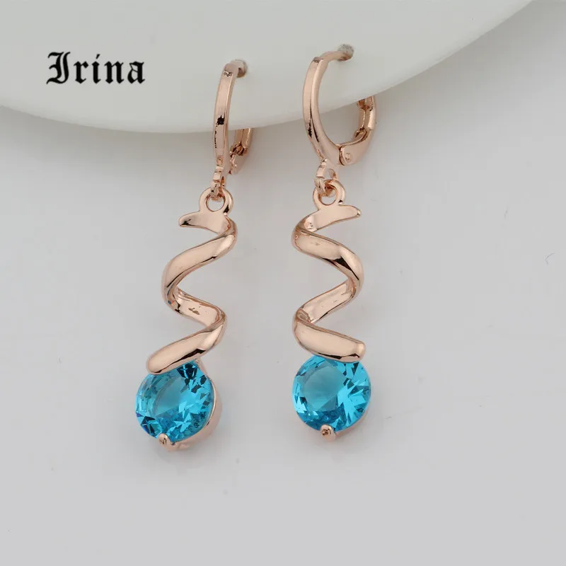 Sea Blue Irina Новые Модные Позолоченные Спиральные серьги 9 видов цветов круглой огранки кубического циркония Висячие серьги ювелирные изделия - Окраска металла: Sea Blue
