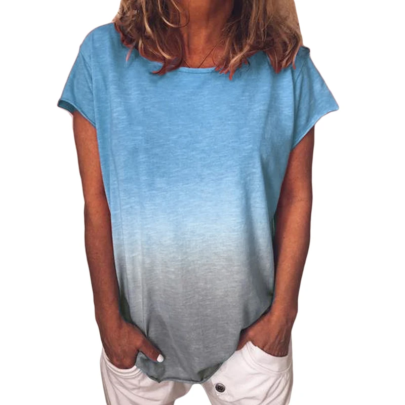 Женская свободная рубашка градиентного цвета Повседневная летняя с круглым