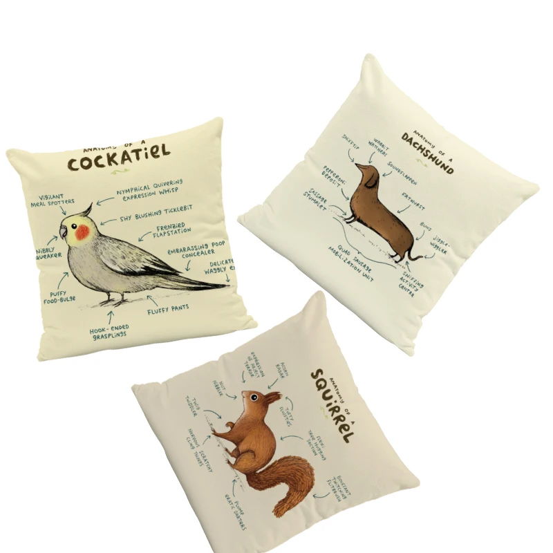 Forest Animal Body Analysis Cushion Cover Bird Squirrel Dachshund Dog Fox Hedgehog Hug Pillow 45Cm Peach Skin Decorative Pillow