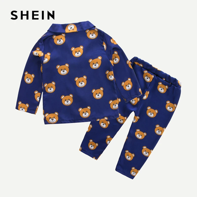 SHEIN/Детская рубашка на пуговицах с рисунком медведя из мультфильма и штаны, пижамный комплект, одежда для сна для мальчиков, г. Весенний повседневный комплект одежды для сна с длинными рукавами