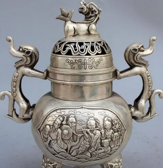 decoration bronze factory outlets Tibet Silver 15&quotMarked Chinese 8 god Eight immortal Dragon Lion Beast Incense Burner | Дом и сад