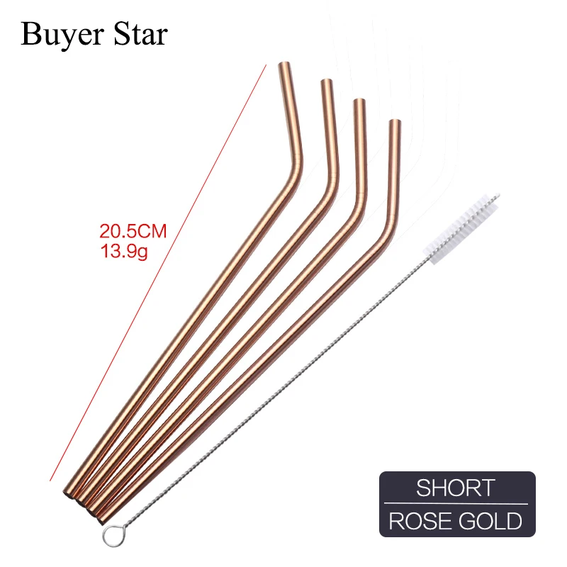 100 Rose Gold 100 шт соломинки для питья из нержавеющей стали+ щеточка для очистки, многоразовая металлическая соломинка в разложенном виде для кухни - Цвет: 100 Rose Gold