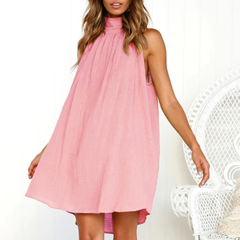 Женское свободное платье с высоким воротом плиссированное пляжное мини без
