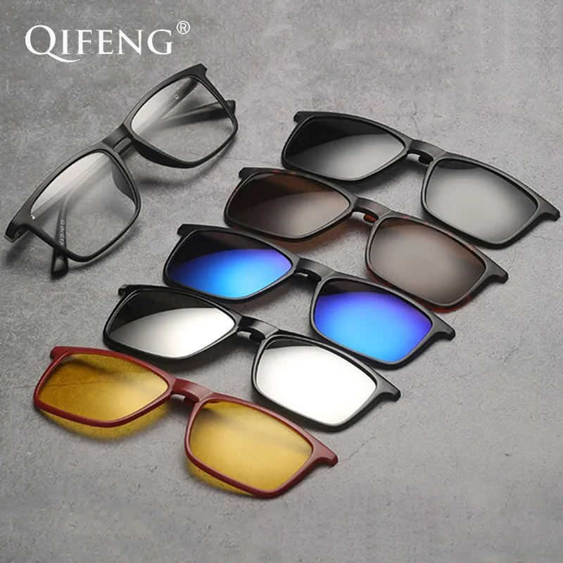 

Optical Spectacle Frame Men Women TR90 With 5 Clip On Sunglasses Polarized Magnetic Myopia Glasses Eyeglasses Frame QF125