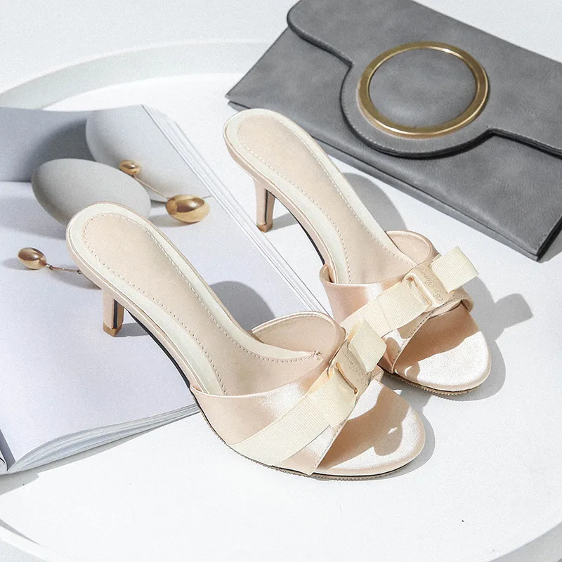 Small Big Size 34-43 Shoes Women Slippers New Summer High Heels Women's Shoes Simple Peep Toe Bow Sandals Sexy Lady Slides Mules