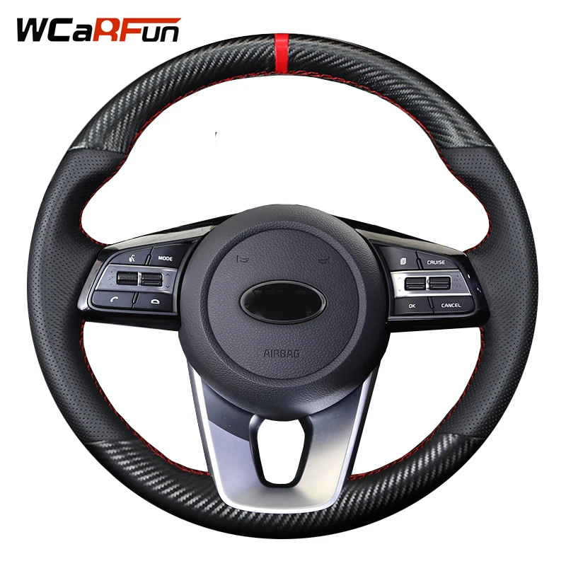 WCaRFun черная искусственная кожа углеродное волокно красный маркер рулевые Чехлы для Kia K5 Optima Ceed Forte Cerato