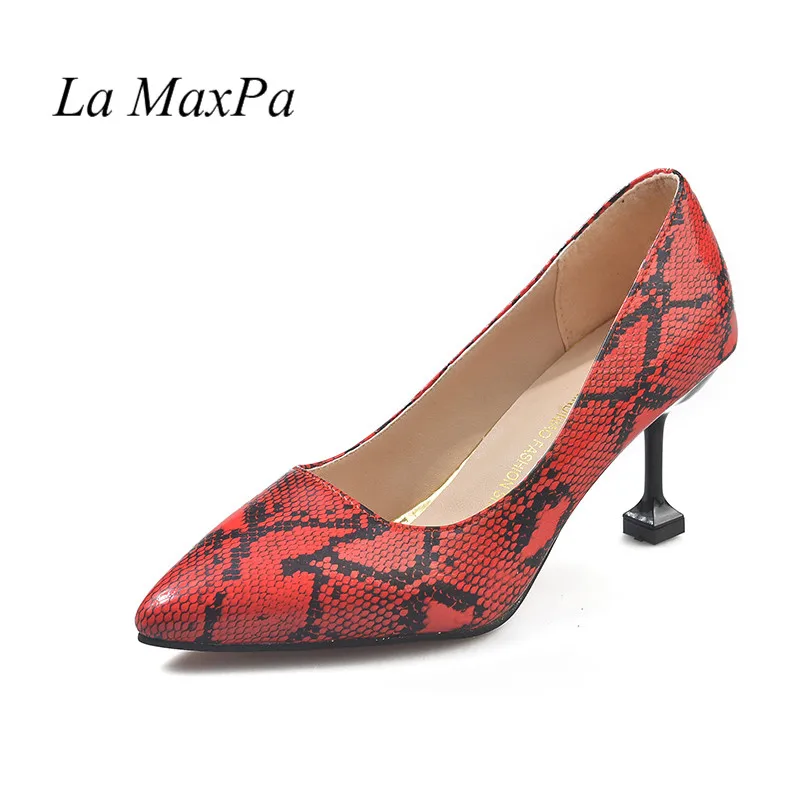 red La MaxPa/Новинка года; сезон весна-осень; модные женские туфли со змеиным принтом на высоком тонком каблуке-шпильке 7 см; пикантные туфли-лодочки; обувь для вечеринки и свадьбы - Цвет: red