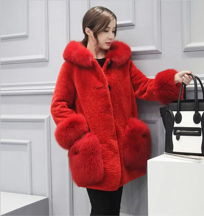 

XS-4XL Plus Size high-end winter faux fox fur coat women fashion fake fur coat hooded jacket slim nine quarter overcoat L1310