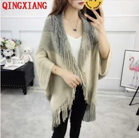 2018 oversize cape winter thick knitted loose striped poncho women pashmina female short sleeves vintage tassel long sweater