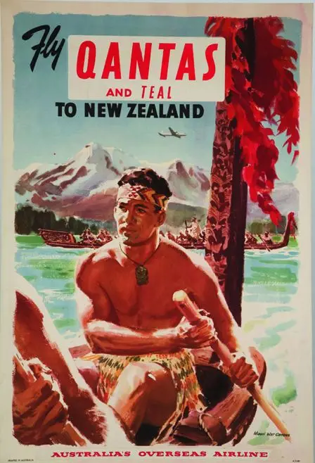 Qantas & TEAL Native New Zealand NZ посещение пейзажа старинный ретро постер из путешествия