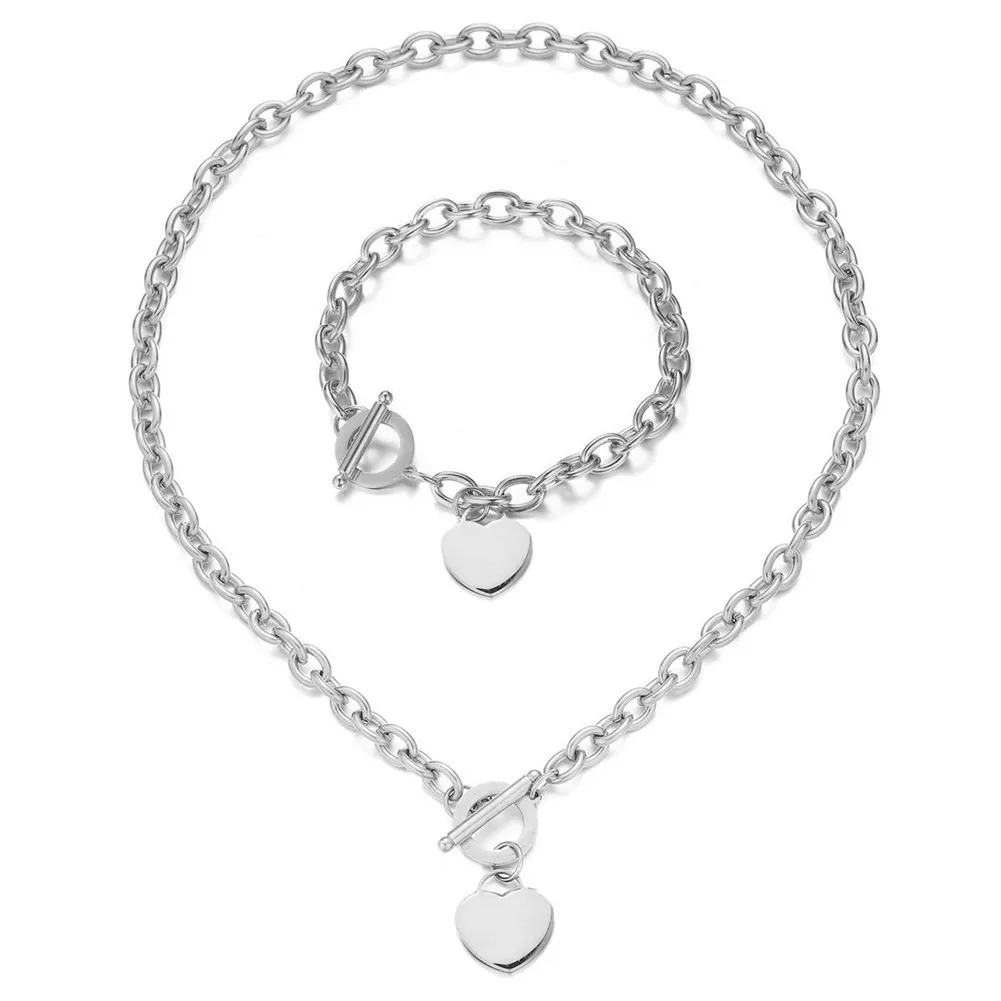 silver set Женский набор ювелирных изделий из нержавеющей стали с тумблером в форме сердца для девочек, серебро, золото, Персиковое сердце, ожерелье с подвесками браслет, набор - Окраска металла: silver set
