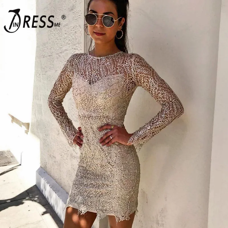 INDRESSME Новое Кружевное мини-платье с круглым вырезом, длинными рукавами, блестками и зубчатым подолом, облегающее Бандажное платье, вечерние Клубные платья