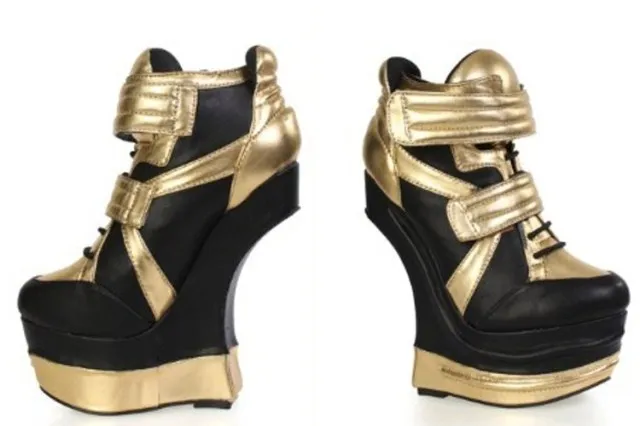 

New fashion strange heels lace-up ankle boots 2017 punk style platform short boots club wear gold leather boots