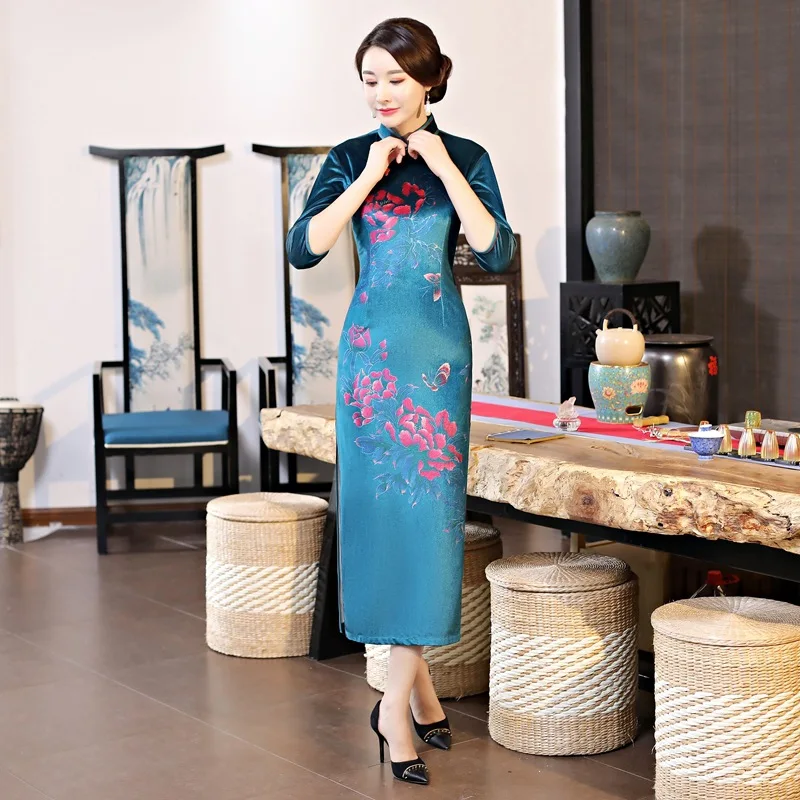 2018 Стильное женское велюровое платье Cheongsam весеннее длинное в китайском стиле с