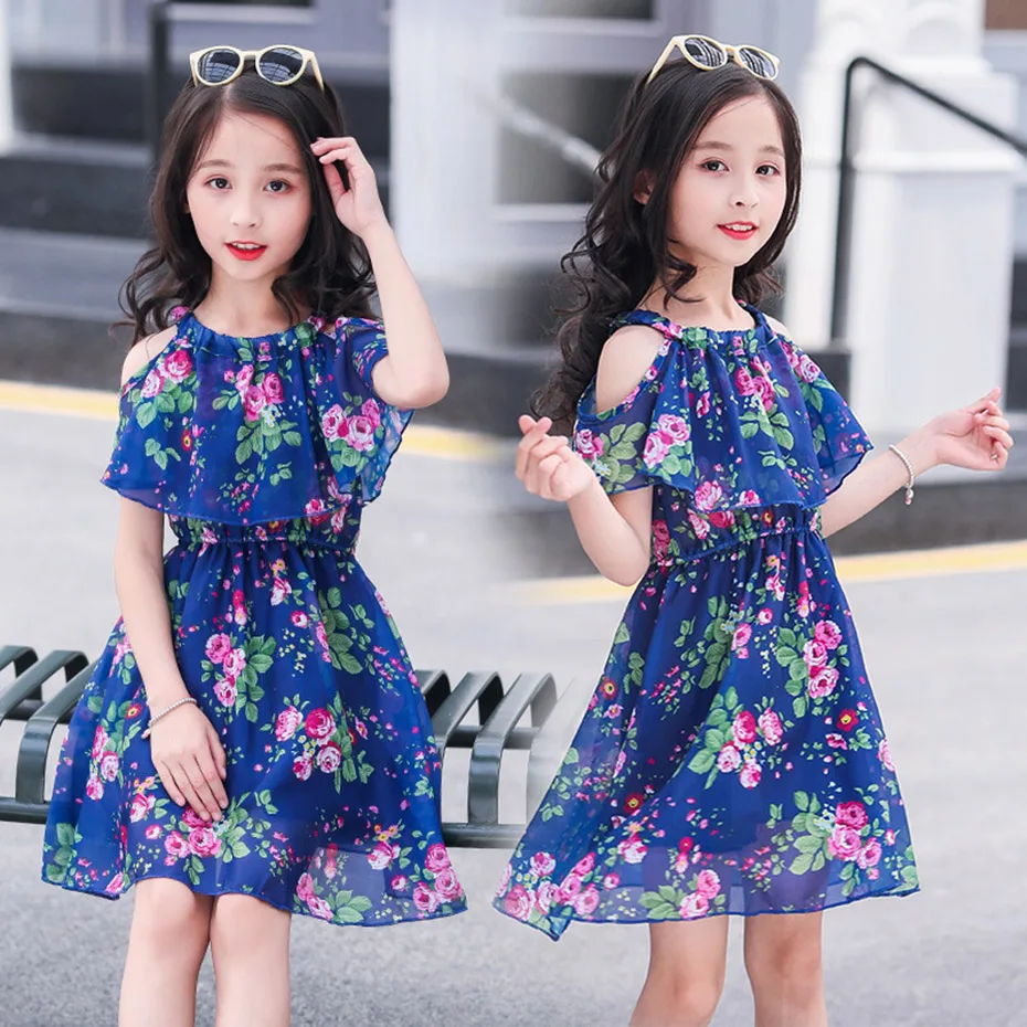 Girl Dress Floral Pattern Kids Dresses Off Shoulder Children'S Summer Teenage Clothing For Young Girls 6 8 10 12 13 | Детская одежда