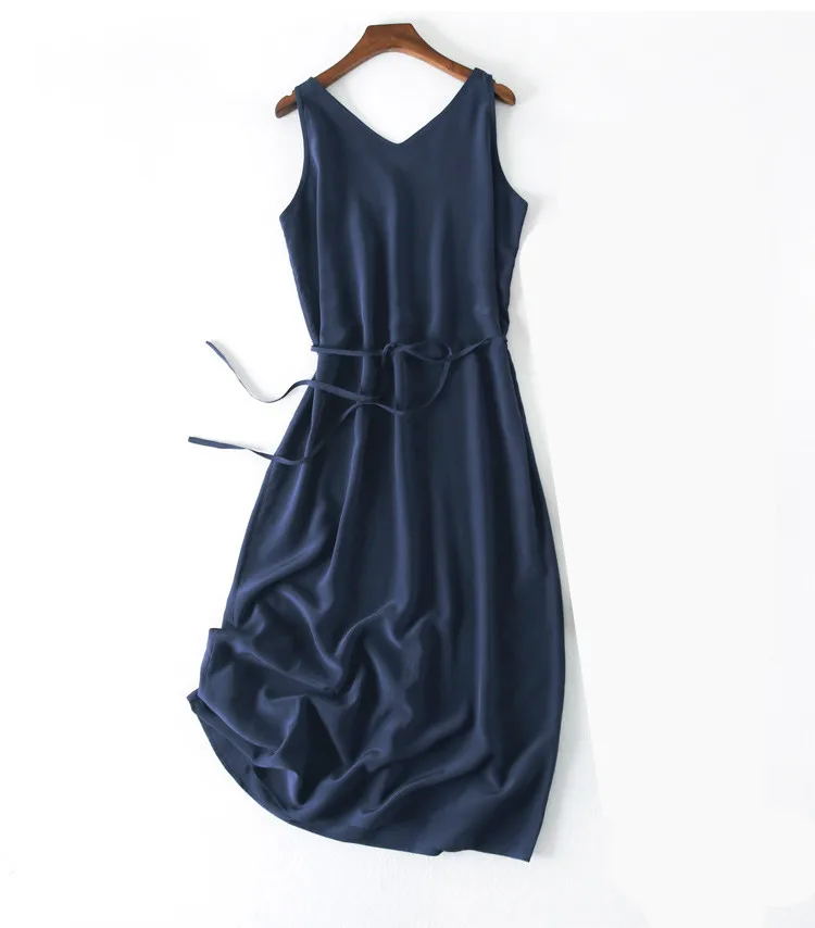 Women Summer Silk Dress V neck Navy Blue Vintage Natural silk dresses Elegant Green Dress Casual holiday real silk long dress
