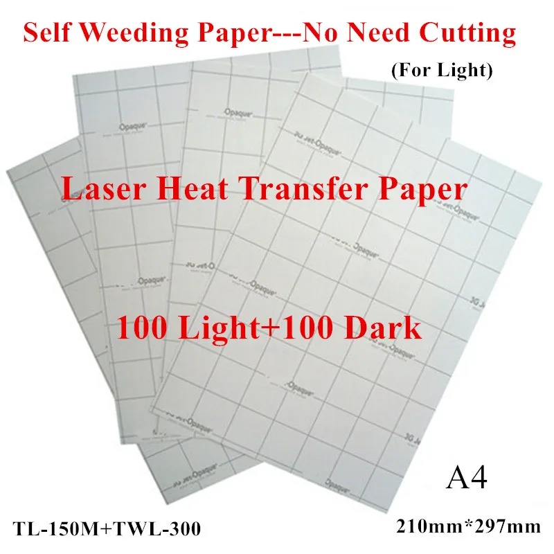 (200pcs=100 Light+100 Dark) Laser Transfer Paper A4 Paper Heat Thermal Transfer Printing Paper With Heat Press For tshirt