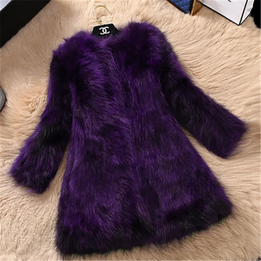 Женское зимнее теплое пальто средней длины из искусственного лисьего меха