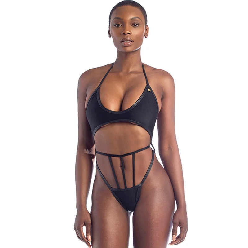 2019 Bikini Set Swimsuit Multi String Halter Triangle Hallow Out Lace up Monokini Sexy High Crotch Cut Thong Women Swimwear |