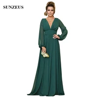 long sleeves mother of the groom dresses empire v neck a line green chiffon bridal mother dress simple long women party dress