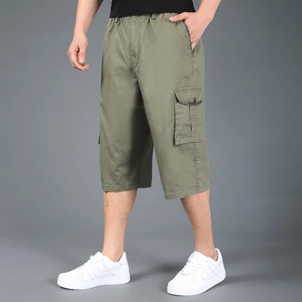 Армейский зеленый Летние мужские шорты размера плюс, xxl, 4xl, 5xl, 6xl, хлопковые повседневные шорты цвета хаки с эластичной резинкой на талии, короткие брюки в стиле хип-хоп, большие - Цвет: Армейский зеленый