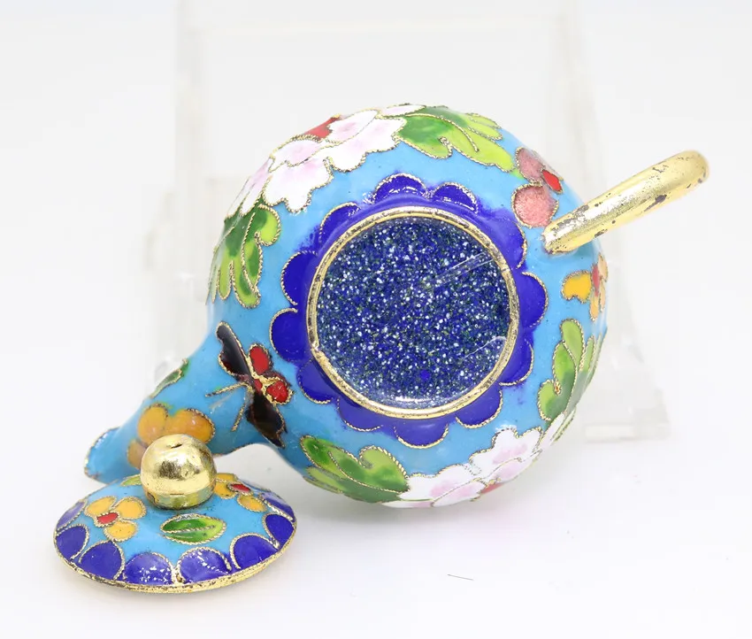 Chinese MiNi Ornament Cloisonne Enamel copper wire inlay green leaves pink white flower acid blue decoration gourd flagon H022 | Дом и сад