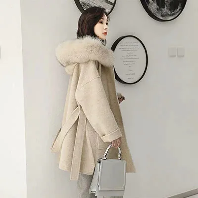 beige Осень-зима кашемировый Тренч куртка Для женщин Повседневное черный, белый цвет пальто в клетку с поясом, Толщина с мехом с капюшоном куртки с карманами - Цвет: beige