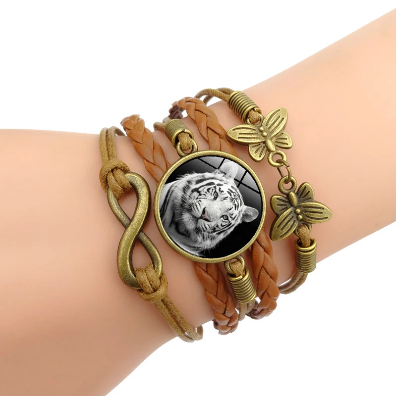 XUSHUI XJ Animal White Tiger Glass Cabochon Charm Bracelet Diy Jewelry Vintage Butterfly Multilayer Leather Women Men | Украшения и