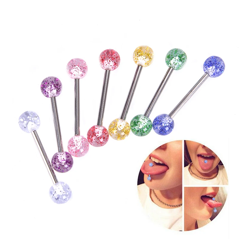 8PCS/Set Surgical Steel Glitter Tongue Piercing Ball Barbell Bar Tongue Ring Body Studs Piercing Jewelry Women Men Piercing