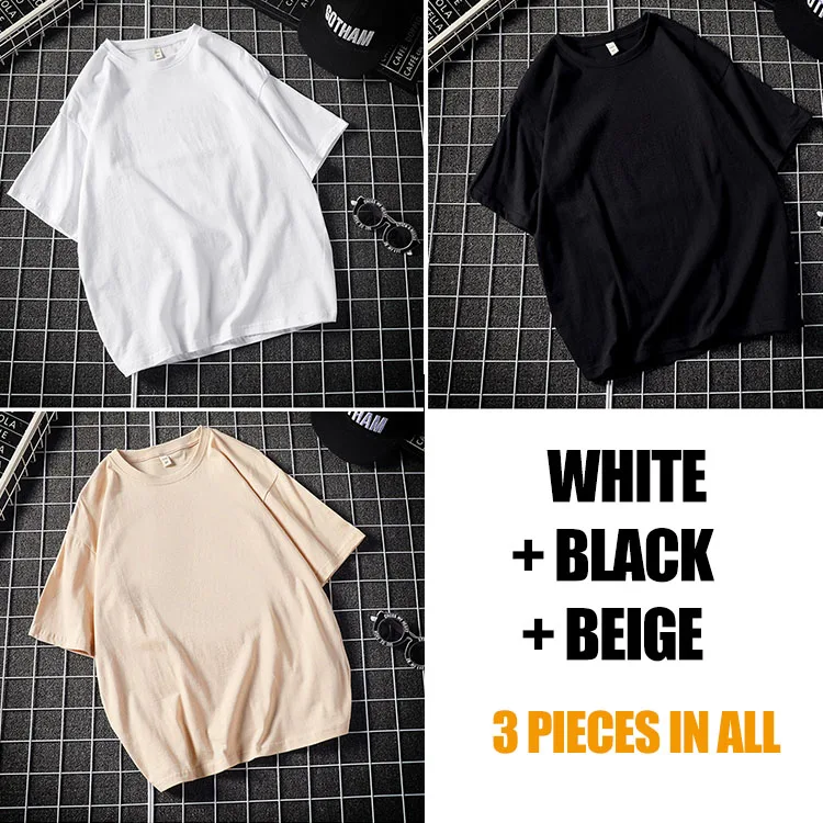 Black-White-Beige Распродажа, упаковка из 3 повседневных однотонных хлопковых футболок, мужские белые фиолетовые футболки с коротким рукавом, летние уличные футболки больших размеров BD129 - Цвет: Black-White-Beige