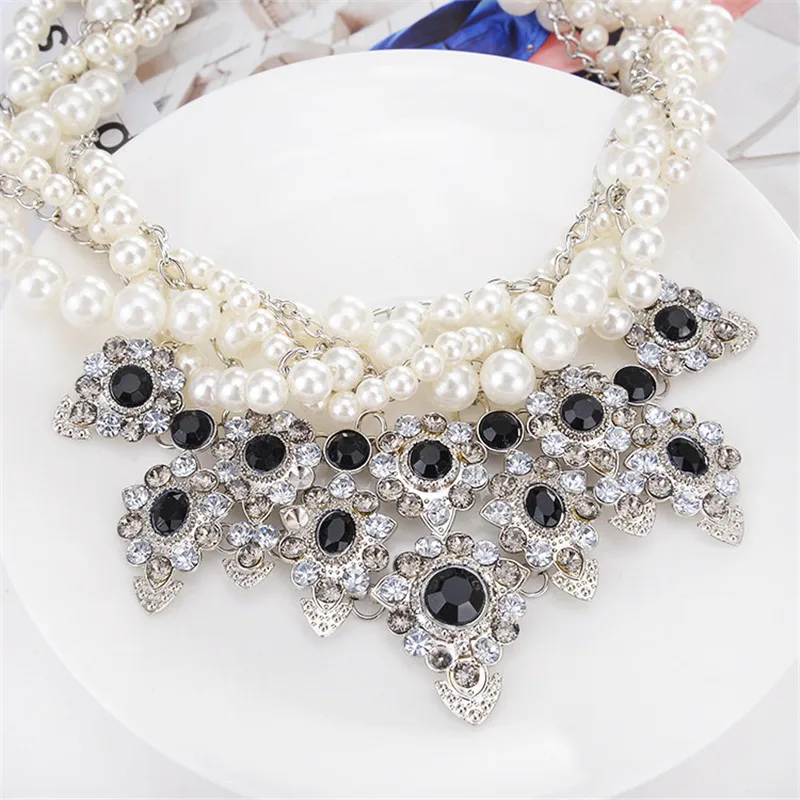 Retro Imitation Pearl Multilayer Strand Necklace Statement Rhinestone Pendant Big Necklaces Women Collar de mujer CZ9188 | Украшения и