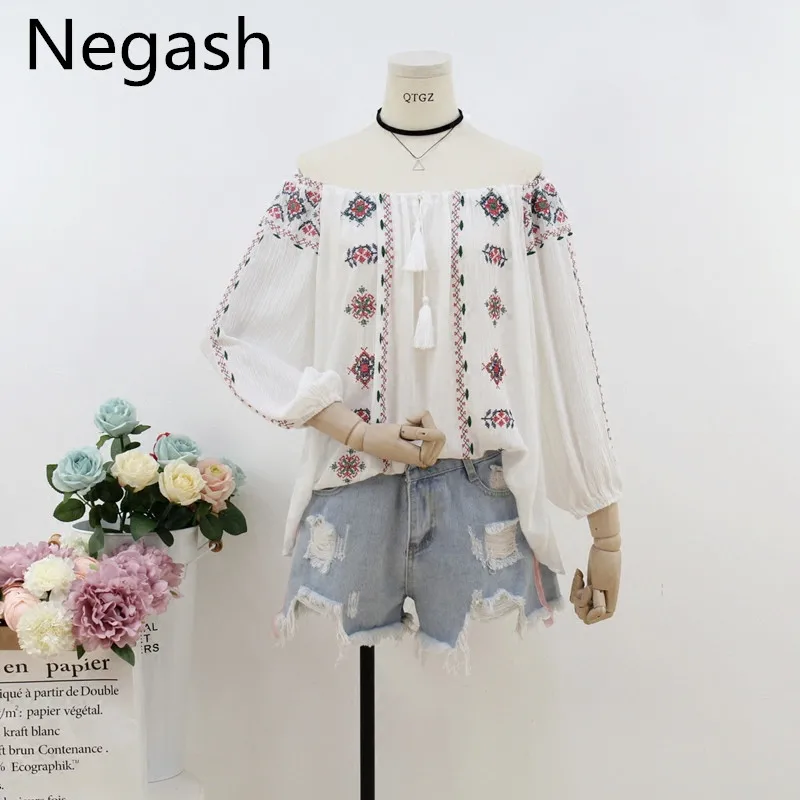Negash новая Цветочная вышивка с открытыми плечами женские рубашки сладкий Слэш шеи