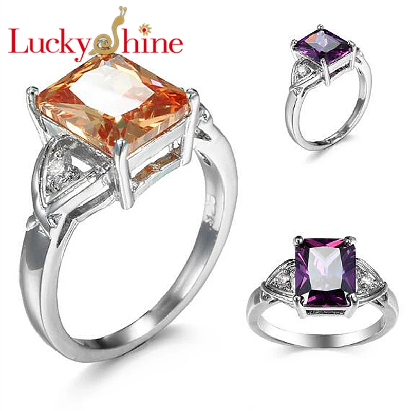 

Luckyshine Delicate Square Champagne Purple Cubic Zirconia Silver Rings Women Rings Jewelry Wedding Party Gifts