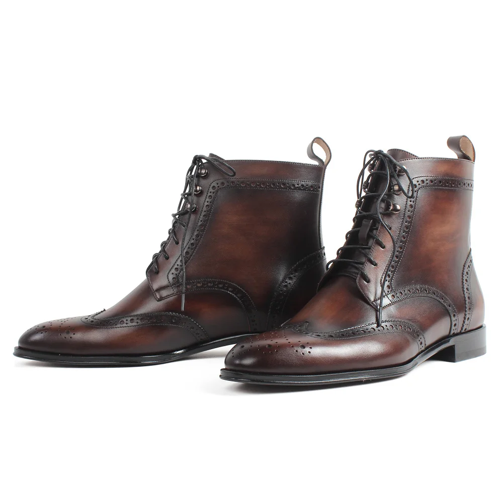 Brown VIKEDUO/броги на шнуровке; Patina; ручная работа; сезон осень; коричневый цвет; мужские Ботильоны из натуральной коровьей кожи на плоской подошве с острым носком - Цвет: Brown