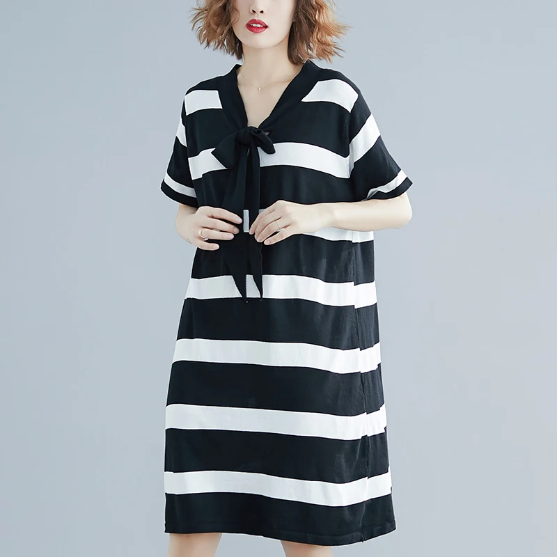 #0493 платья-футболки с коротким рукавом и V-образным вырезом полосатые миди-платья