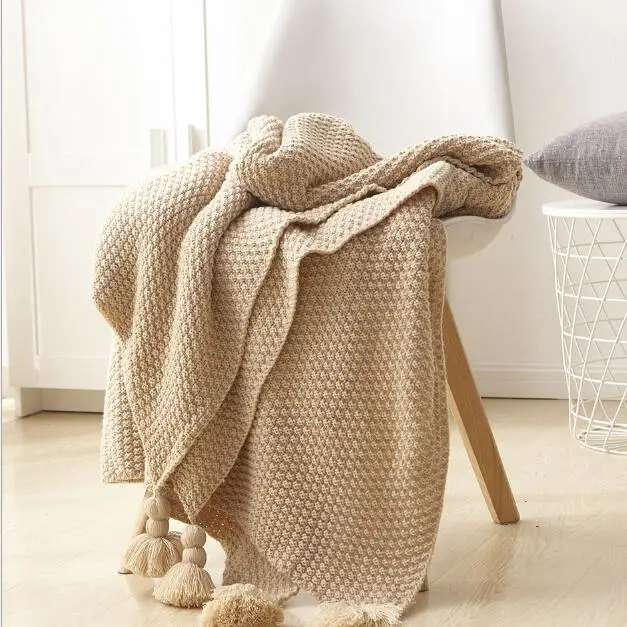 

European minimalist knitted wool blanket Osmanthus tassel baby air conditioning nap cover blanket