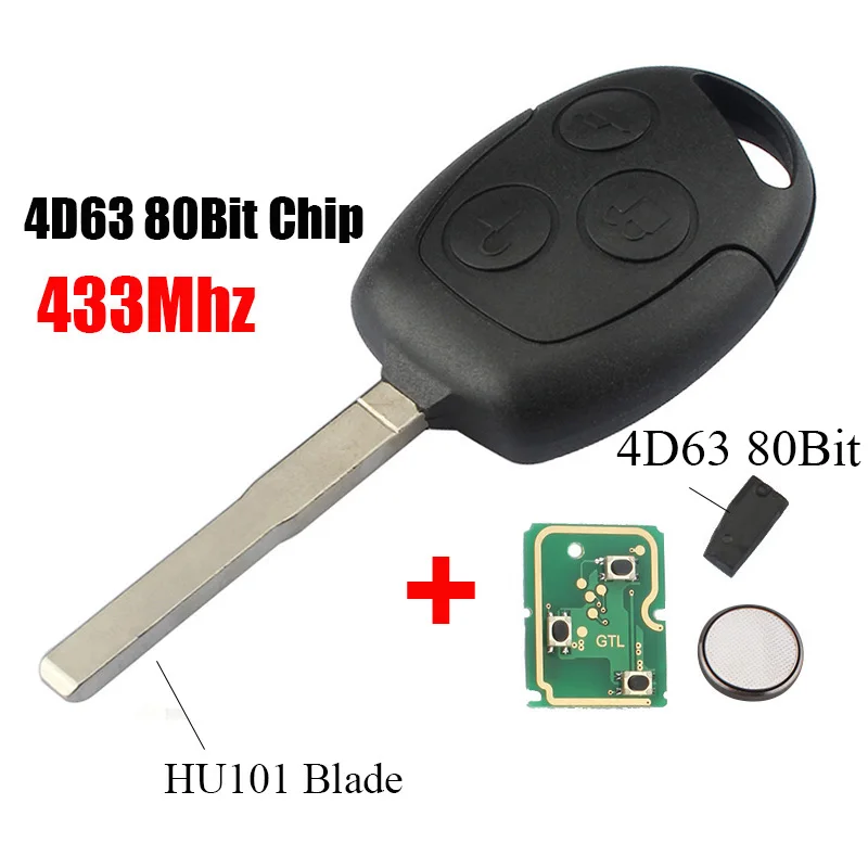 HU101 4D63 80Bit BHKEY 3 кнопки дистанционного ключа автомобиля 433 МГц для Ford Fusion Focus Mondeo Fiesta Galaxy 2001-2008 ключи автомобиля - Цвет: HU101 4D63 80Bit