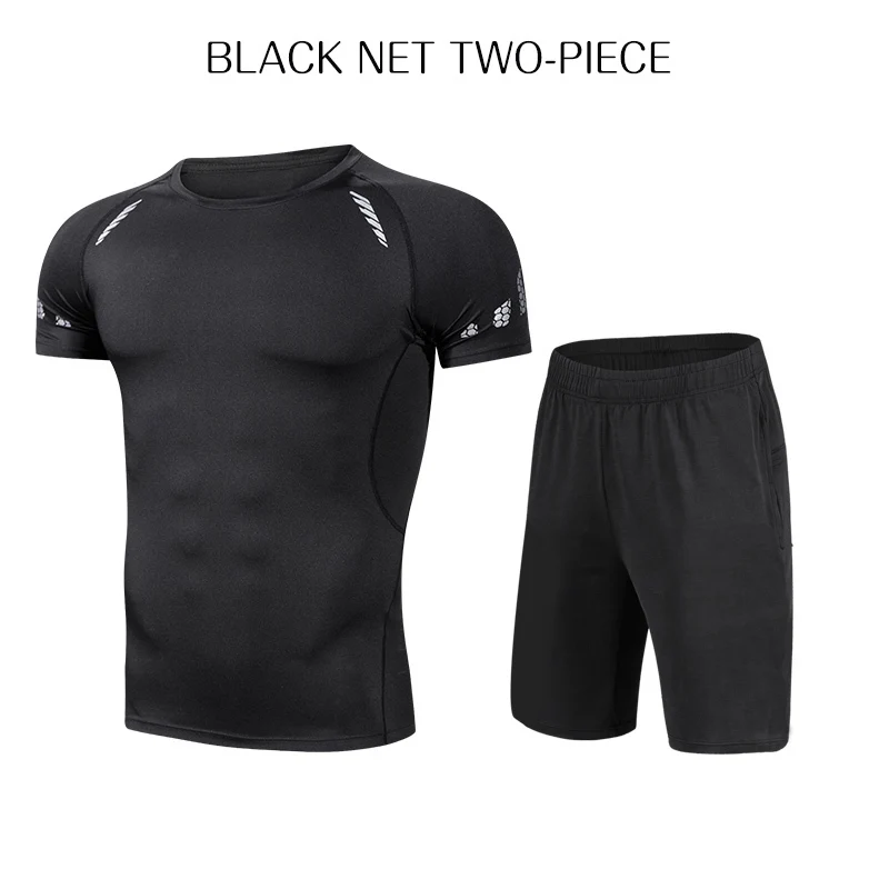 8 Black Net Стоящая 2 шт./компл. спортивный костюм Для мужчин Сжатие беговые костюм для бега от одного года до четырех лет футболка штаны для спортзала, Фитнес тренировки колготки комплект - Цвет: 8 Black Net