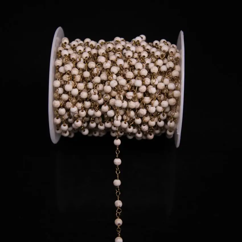 5Meters/lot 4mm White Turquoises Round bead Copper Link Chain Gems Stone With Brass Wire Wrapped Rosary Style | Украшения и