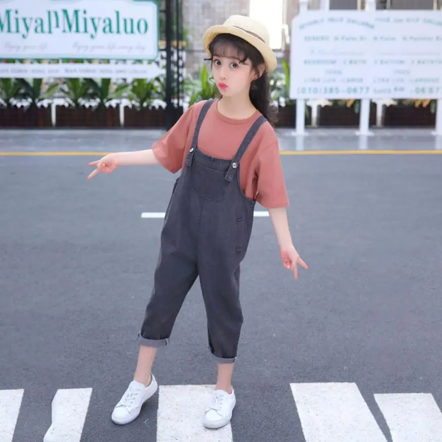 Джинсовые комбинезоны для маленьких девочек детские джинсы однотонные штаны