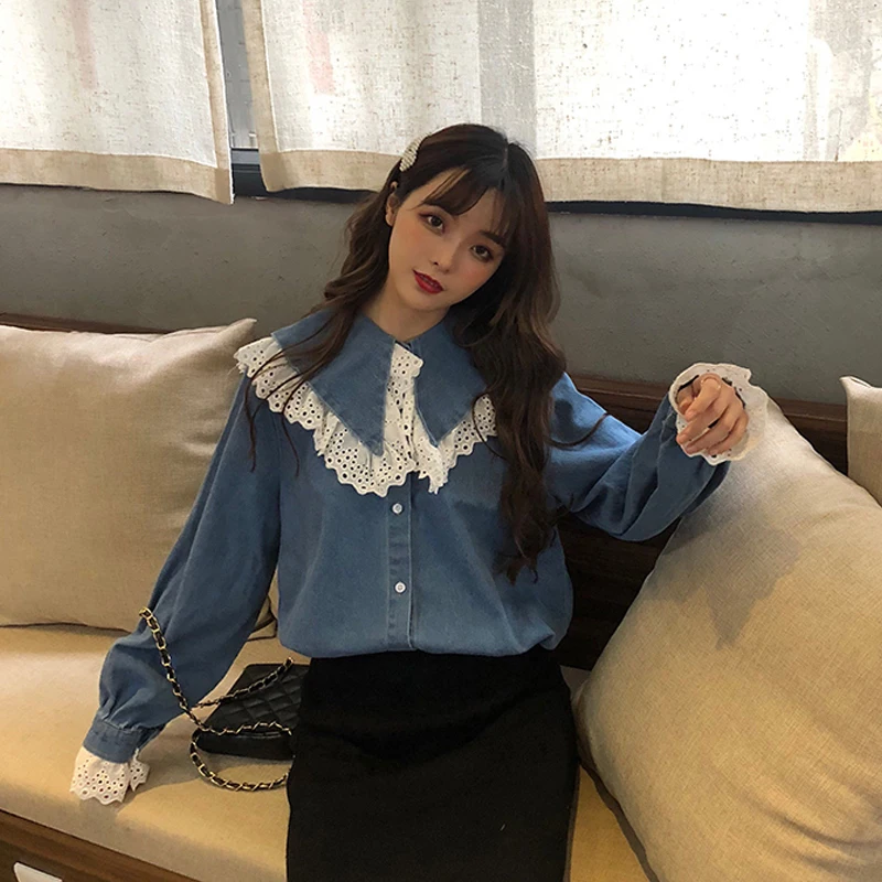 Blusas mujer de moda 2018 на осень-зиму harajuku милый Питер Пэн воротник свободные джинсовые