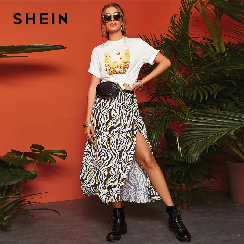 SHEIN Boho, разноцветные, с разрезом, до бедра, с принтом зебры, трапециевидные юбки, Женская Весенняя, средняя талия,, повседневная, для отдыха, сексуальная, расклешенная, длинная юбка