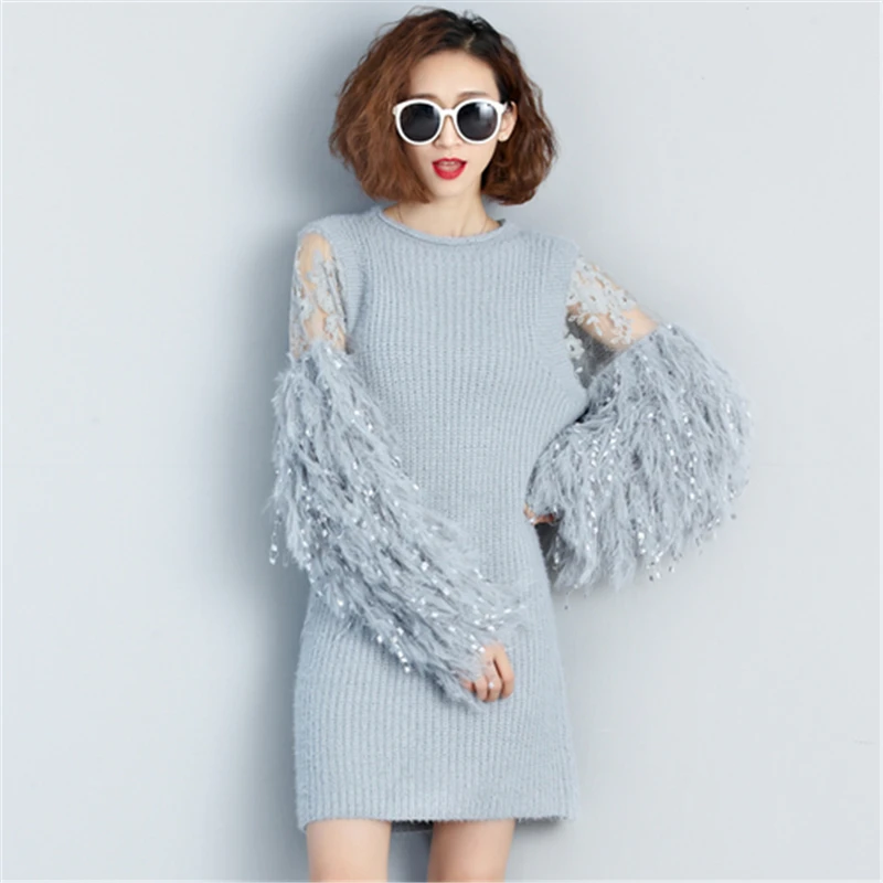 Мода страусиных перьев вязаное платье 2019 Весна элегантное кружевное в стиле