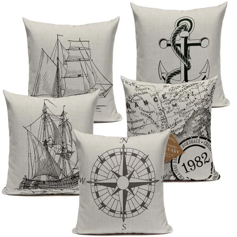 

vintage cushion covers Marine Style Hand Painted Ship Almofadas 45Cmx45Cm Square Home Decor 1 Side Printing Outdoor Pillows