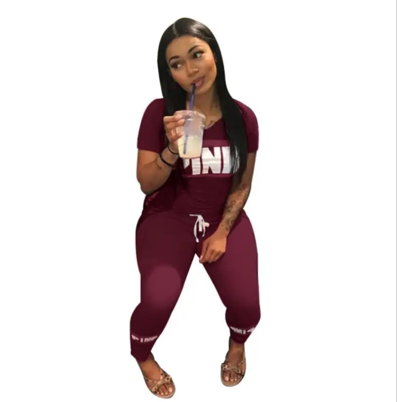 2018 розовый спортивный костюм из 2 предметов с буквенным принтом Женский комплект