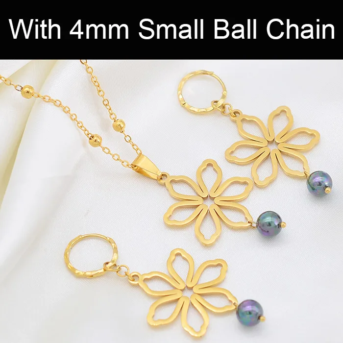 With 4mm Ball Chain Anniyo Гавайский цветок оболочки ожерелье и серьги Ювелирные наборы для женщин Девушка Микронезия Marshallese Гавайи свадебные подарки#103521 - Окраска металла: With 4mm Ball Chain